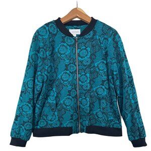 Erin London Womens Bomber Jacket L Teal Floral Boho Tapestry Textured NEW w/Tags